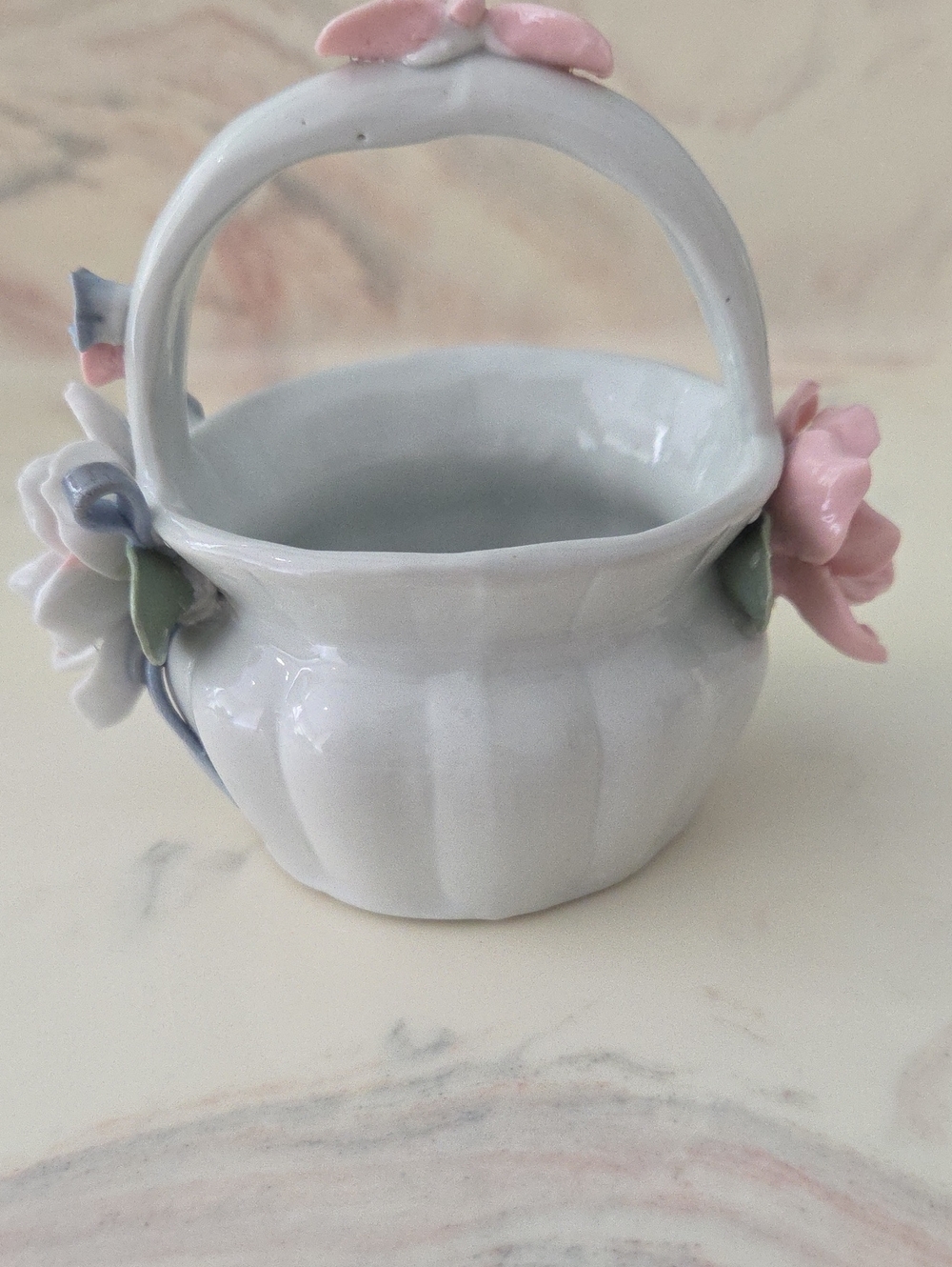 Delicate White Ceramic Flower Basket with Pink Accents